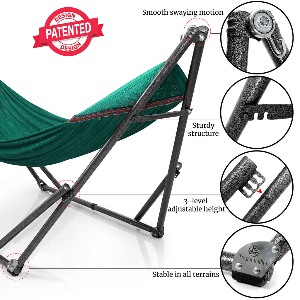 Teal hammock with black metal stand, smooth sway frame details