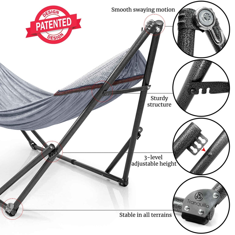 Gray hammock fabric attached to a black folding hammock stand with adjustable legs