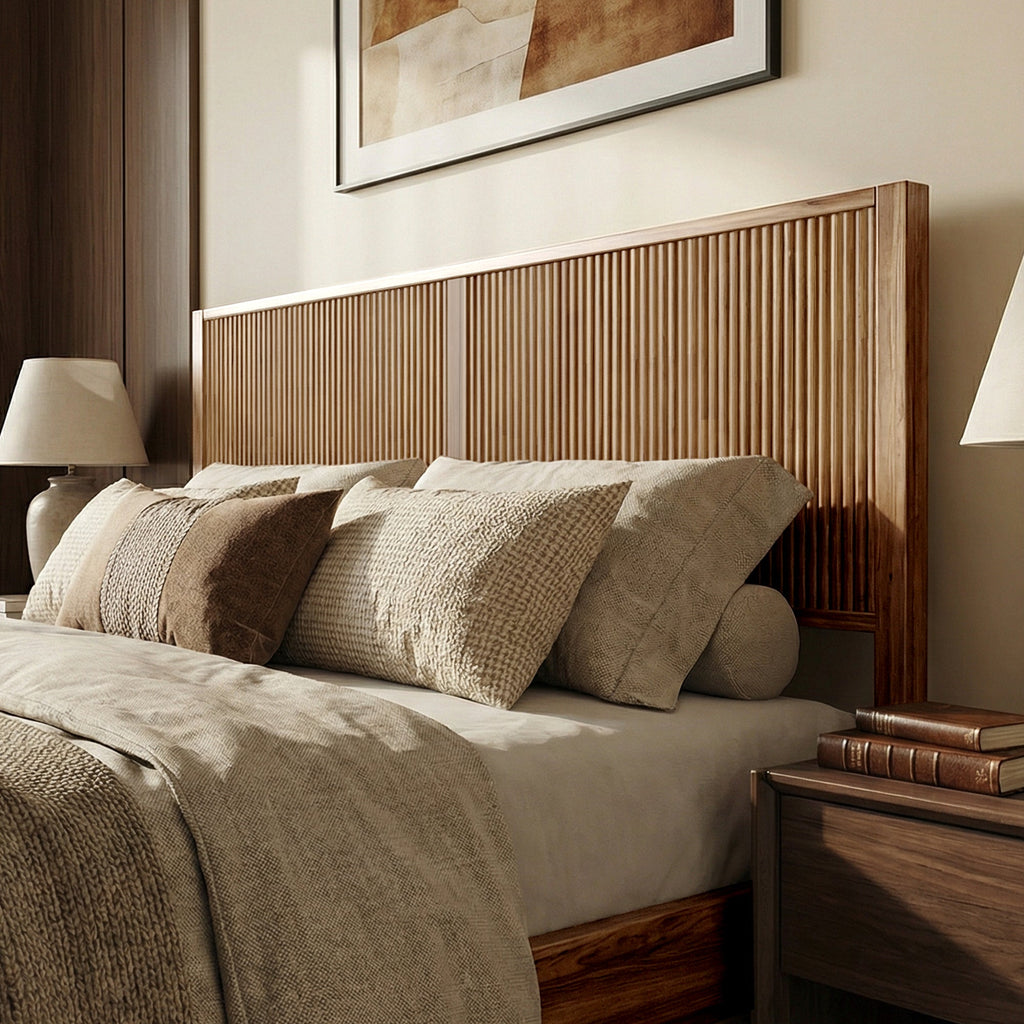 Dark wood bed frame with tall vertical slat headboard and curved side posts