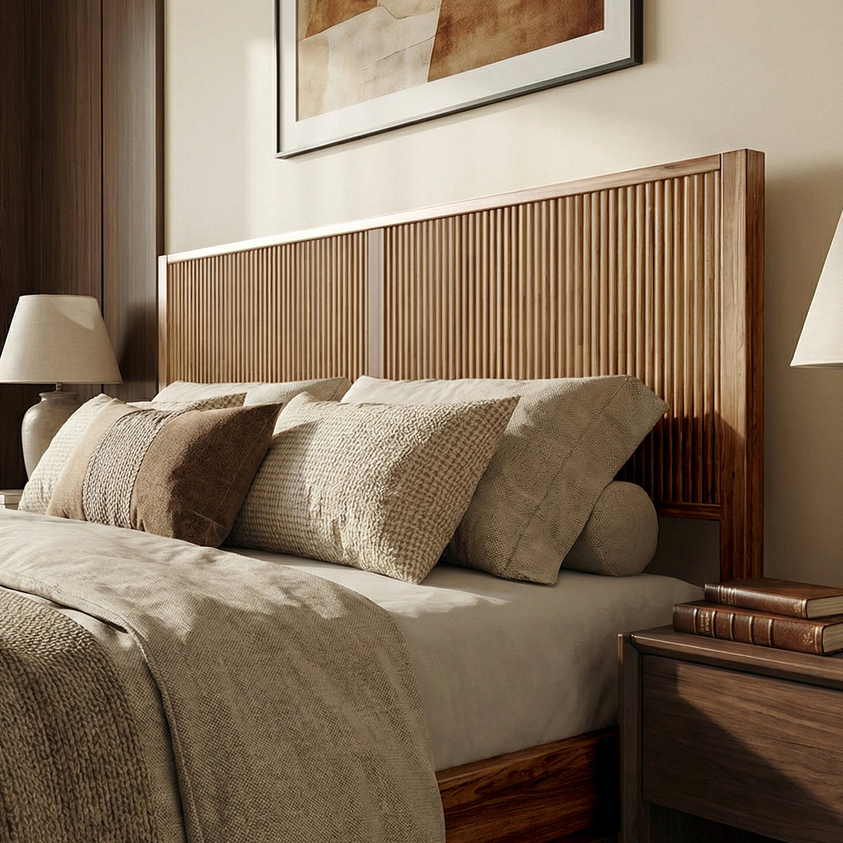 Dark wood bed frame with tall vertical slat headboard and curved side posts