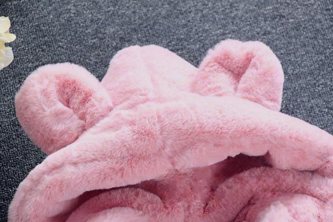 Pink hooded plush jacket with fluffy hood and soft collar trim