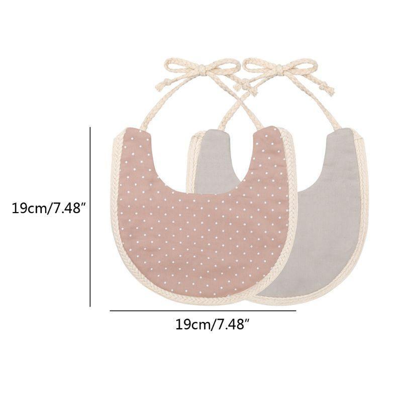 Infant bib set with taupe polka-dot and light gray solid panels, lace trim