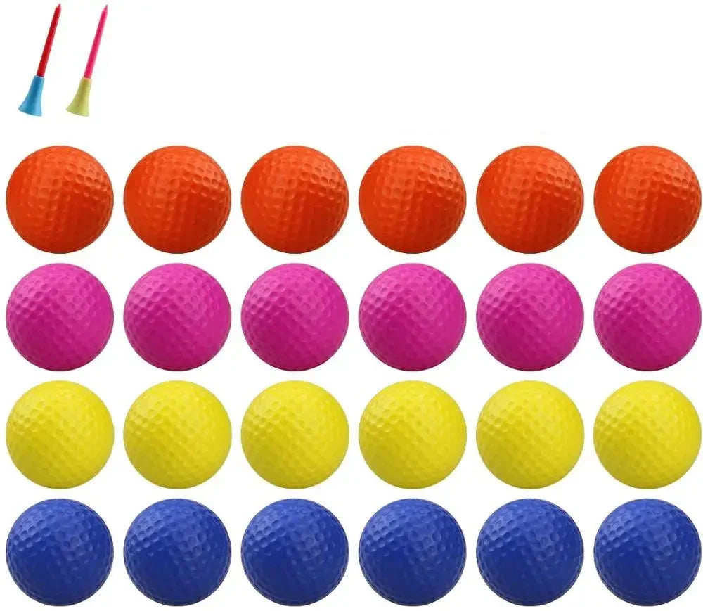 Assorted foam golf practice balls in orange, pink, yellow, blue, dimpled texture