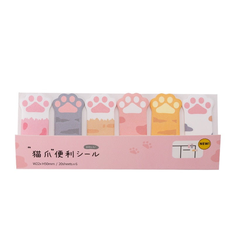 Packaged cat paw sticky notes with paw-print icons and pastel note tab designs