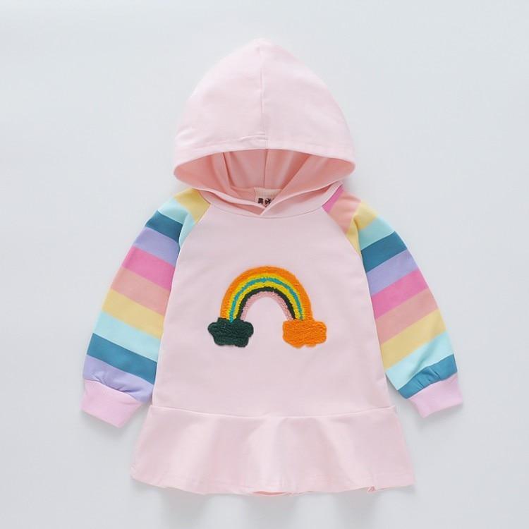 Pink hooded jacket with rainbow patch and multicolor striped sleeves