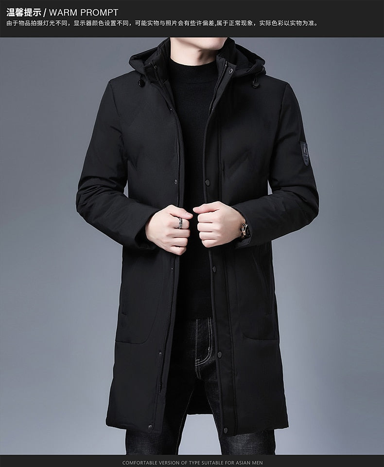 Men's longline parka windbreaker, black, hooded with snap button closure and pockets