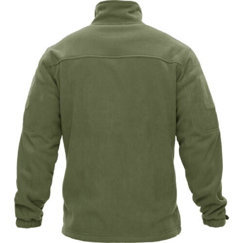 Fleece full-zip jacket in olive green, back view with stand collar and ribbed cuffs