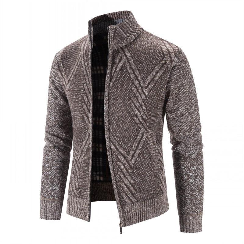 Men's zip-up fleece jacket in brown heather with textured geometric knit and stand collar