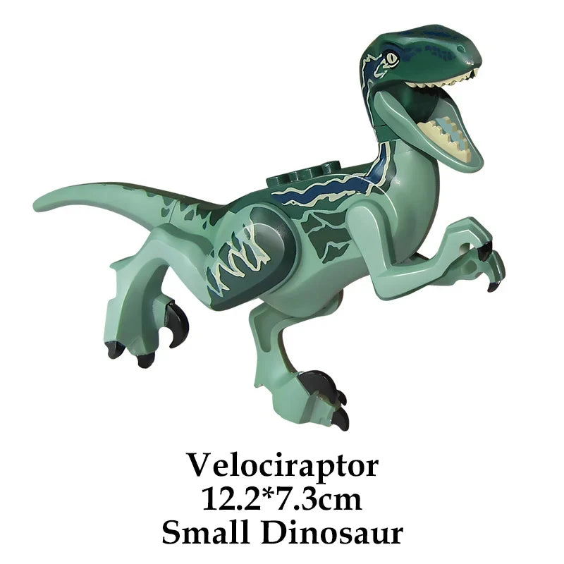 Green Velociraptor-style dinosaur building block figure with yellow eye and tail