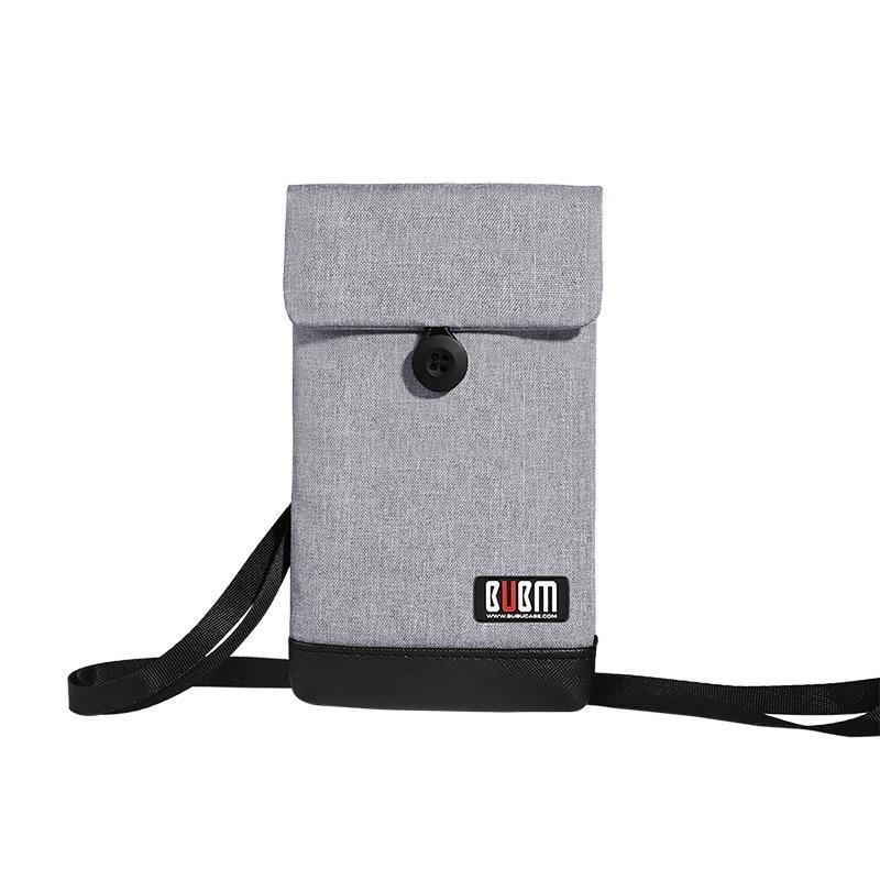 Light grey phone pouch with flap closure and snap button; front logo patch and strap