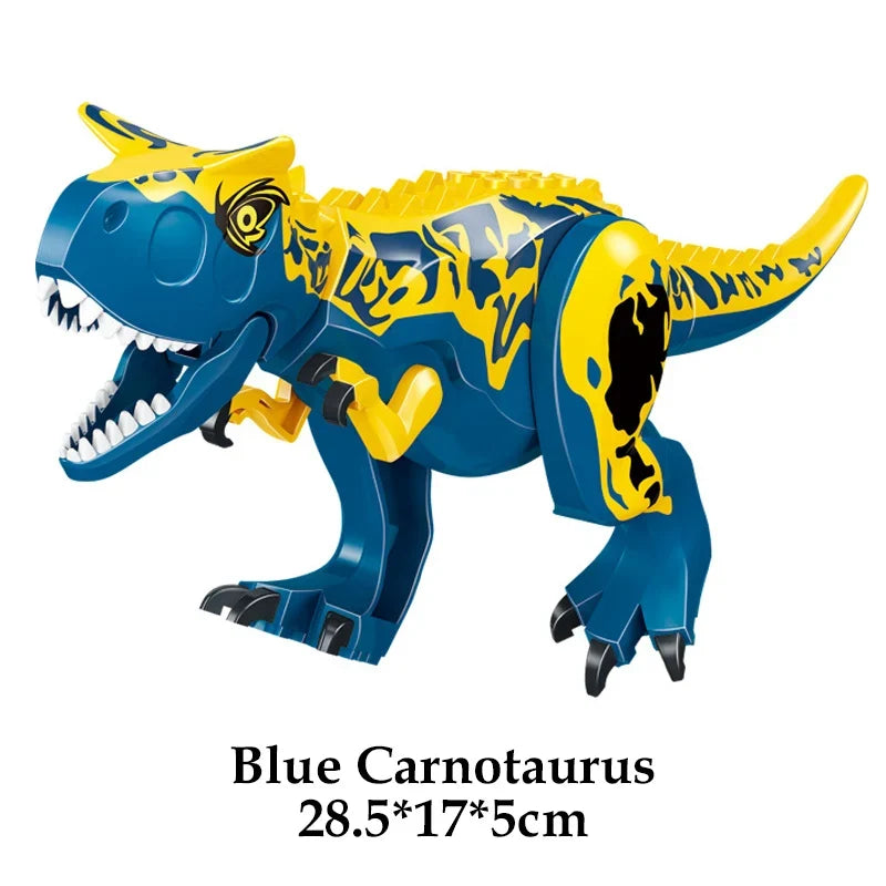 Blue Carnotaurus brick dinosaur figure, side view with yellow markings