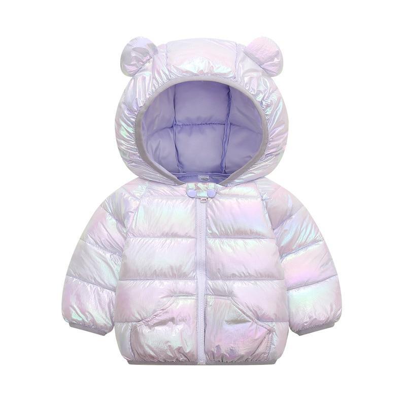 Hooded infant puffer jacket in pastel lavender with bear-ear hood and front zipper.