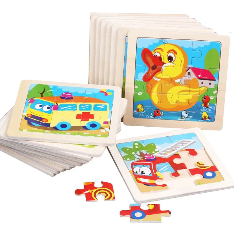 Kids wooden tangram jigsaw puzzle set with cartoon animals, including duck and fire truck