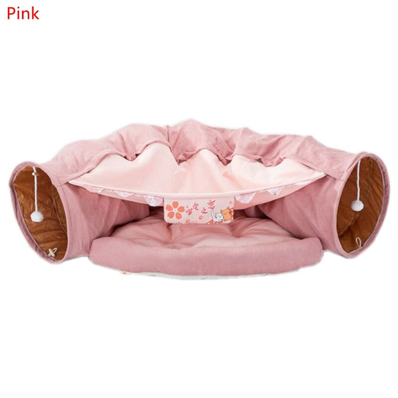 Pink cat tunnel tube with removable round cat bed and two circular entry openings