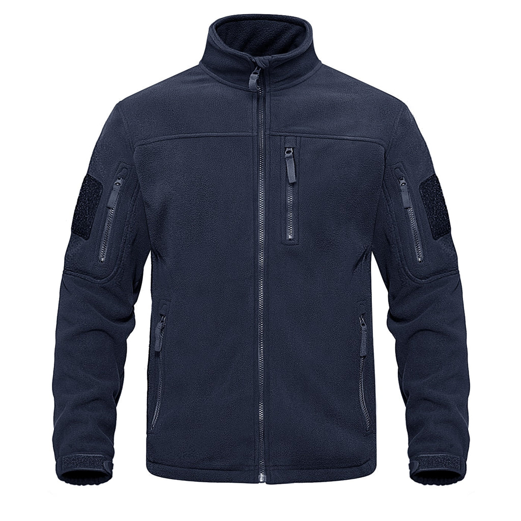 Fleece full-zip jacket in navy blue with stand collar and front zipper pocket