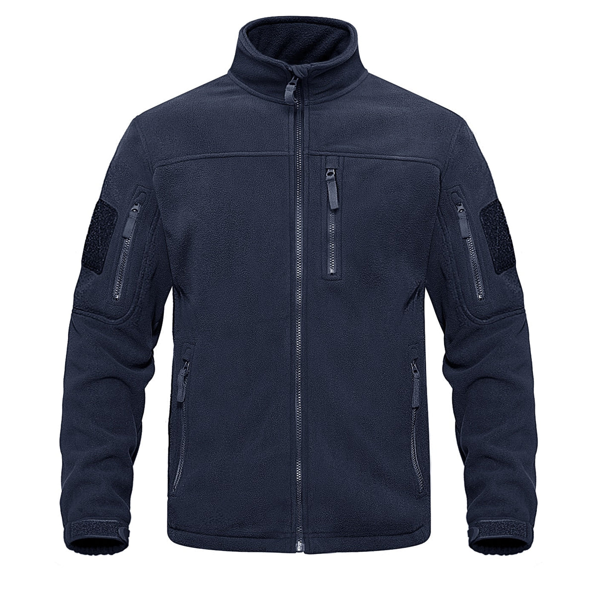 Fleece full-zip jacket in navy blue with stand collar and front zipper pocket