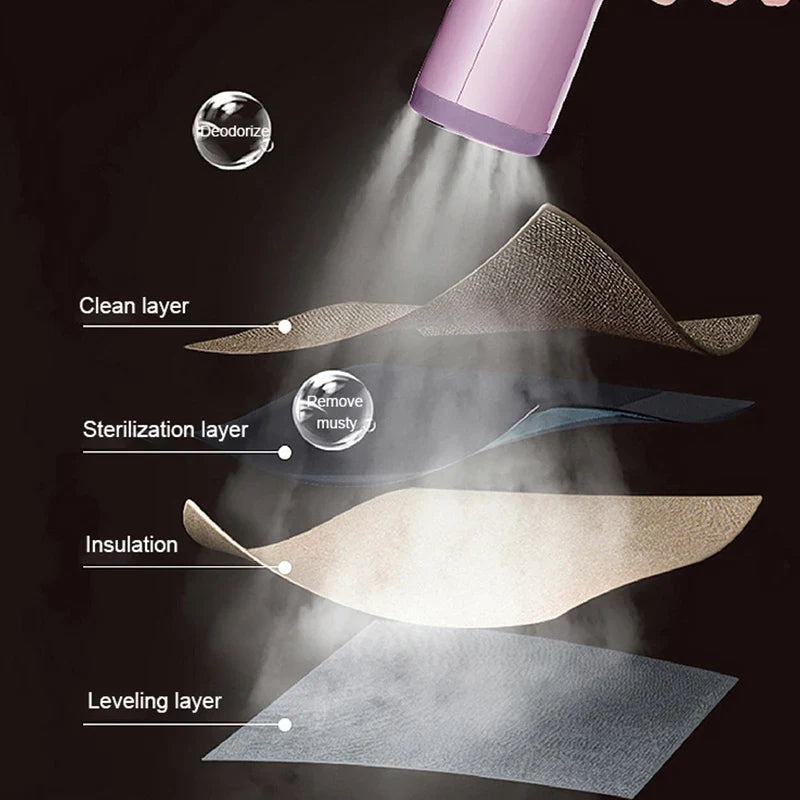 Pink fabric steamer releasing steam over a fold with visible fabric layers
