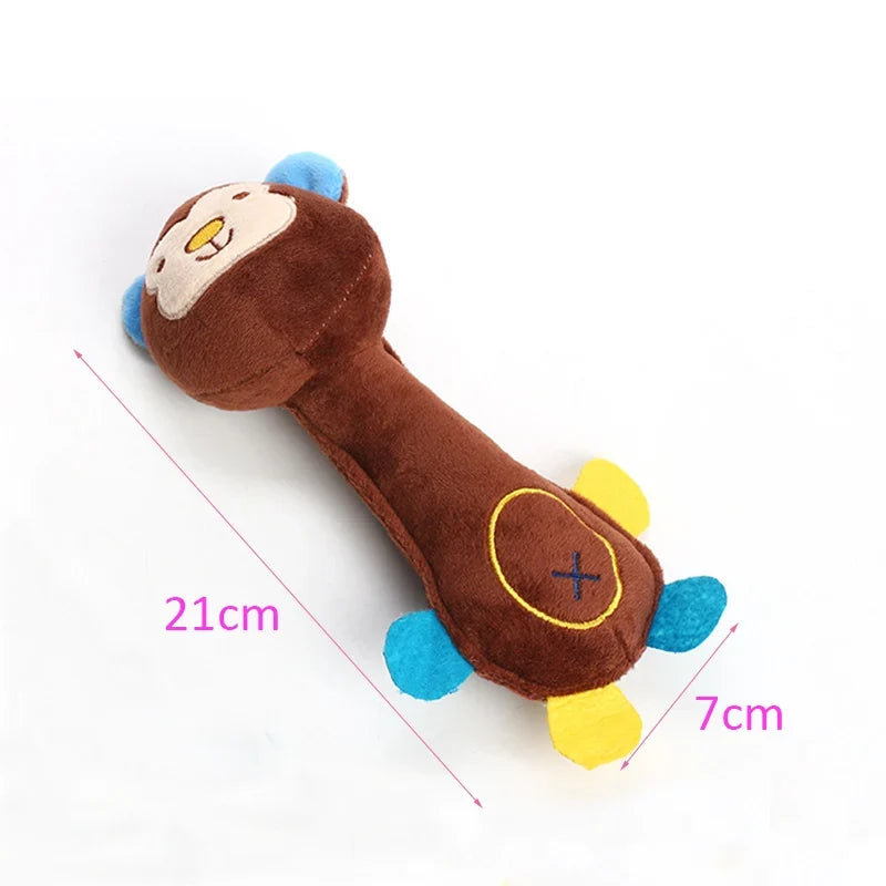Brown squeaky plush dog chew toy with face, blue ears, and plus patch