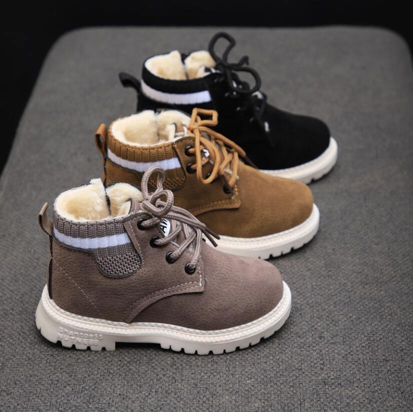 Kids casual winter boots set in black, grey, and brown with fleece lining and lace-up cuffs