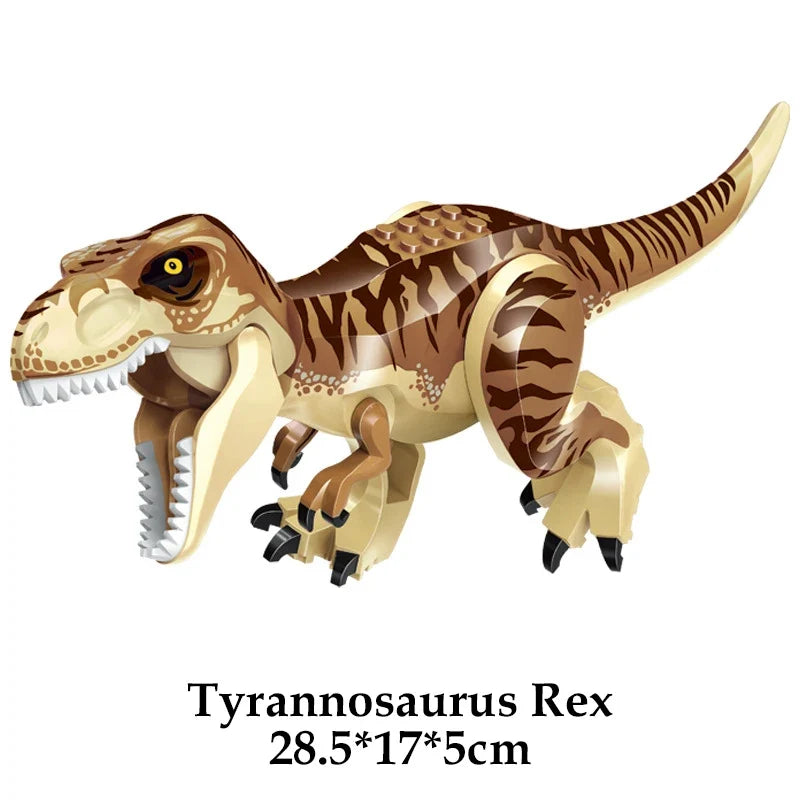 Tan and brown Tyrannosaurus Rex brick dinosaur figure, open jaw side view