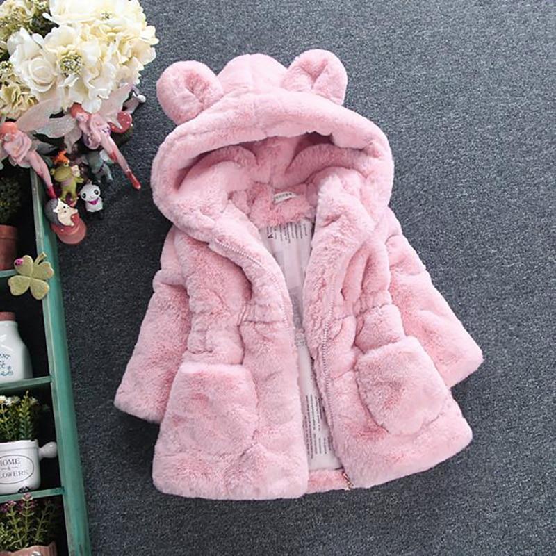 Pink hooded faux-fur toddler jacket with bear-ear hood and zip front