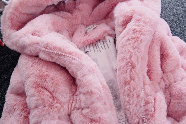 Pink hooded plush jacket with full zipper and soft sherpa texture
