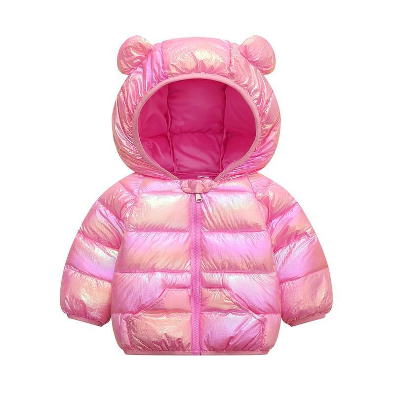 Hooded infant puffer jacket in pink with bear-ear hood and front zipper.