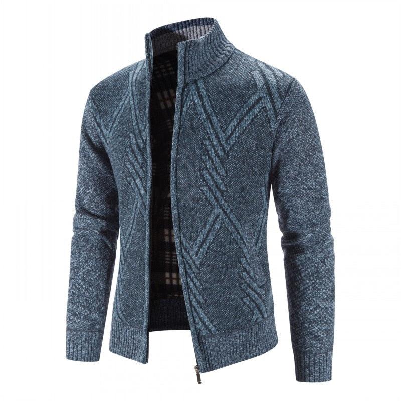 Men's zip-up fleece jacket in blue with textured geometric knit and stand collar