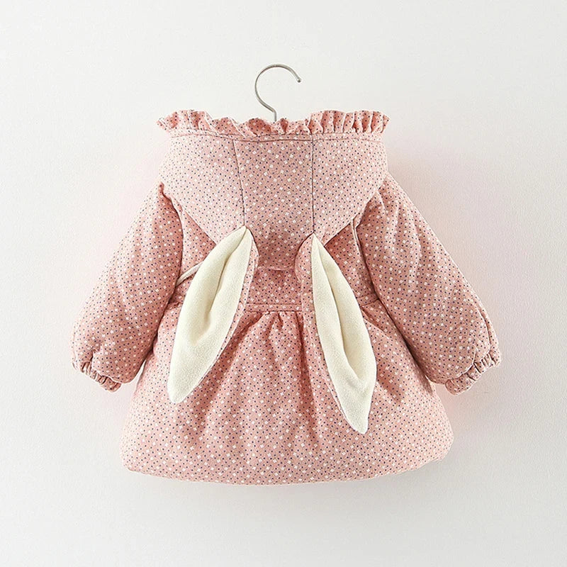 Newborn girls hooded padded jacket in pink floral, with bunny-ear tie cuffs