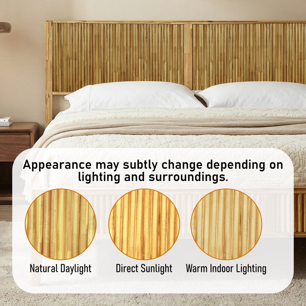 Light-colored wood bed frame with tall slatted headboard and matching side rails