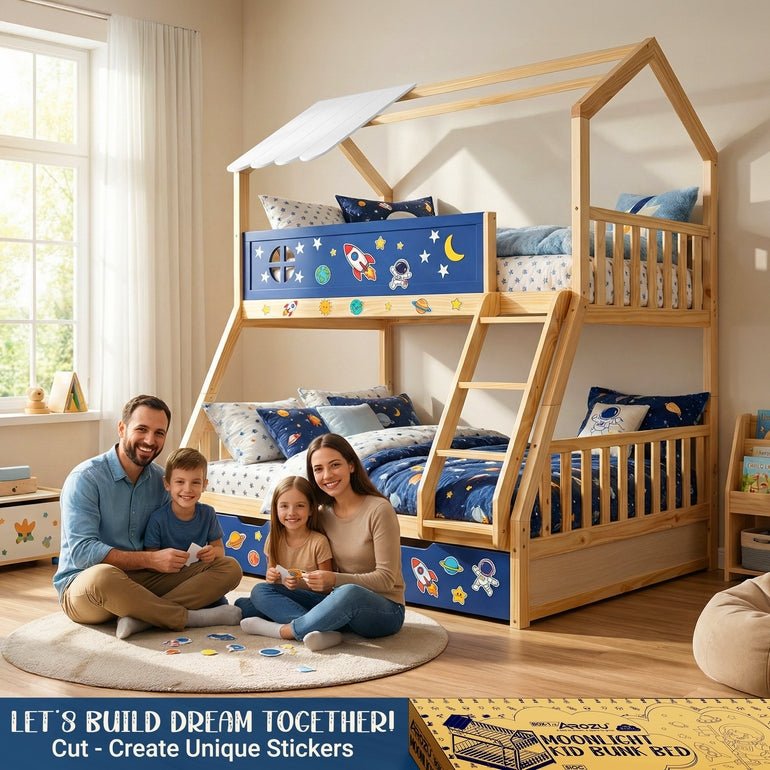 Kids bunk bed with navy star-and-moon front panel, natural wood posts, and ladder