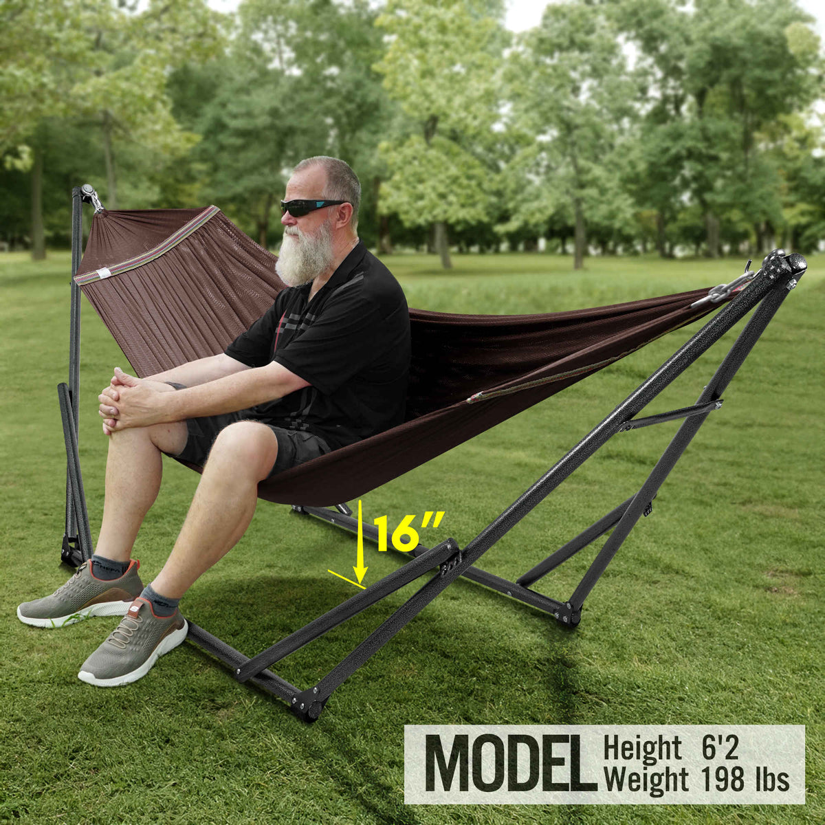Brown hammock on black folding stand with adjustable-height bars outdoors