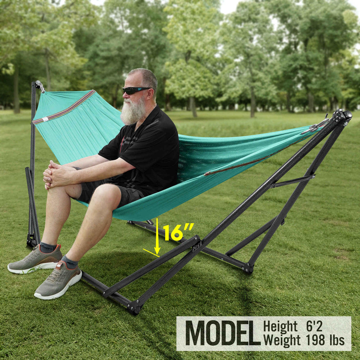 Teal hammock with black folding stand, stretched between two adjustable end frames
