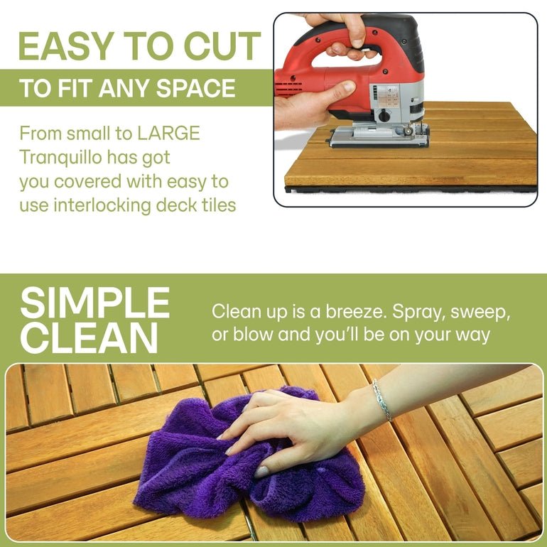 Tan wood deck tiles on a work surface with slats aligned for fitting