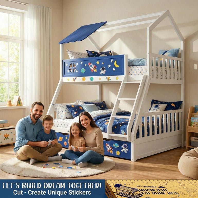 White bunk bed with navy star-and-moon side panels, open lower bed, and ladder