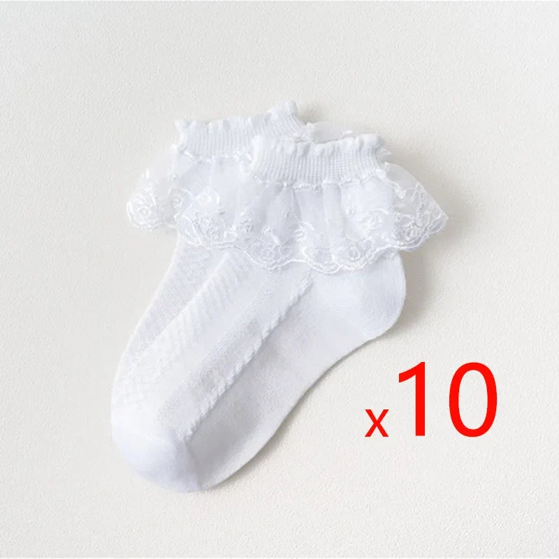 White lace ruffle ankle sock with breathable mesh knit and elastic cuff