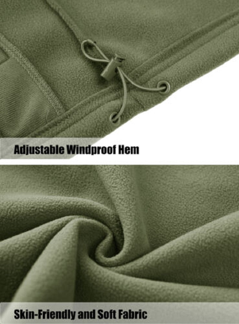 Full-zip tactical fleece jacket with adjustable windproof hem and soft fleece fabric