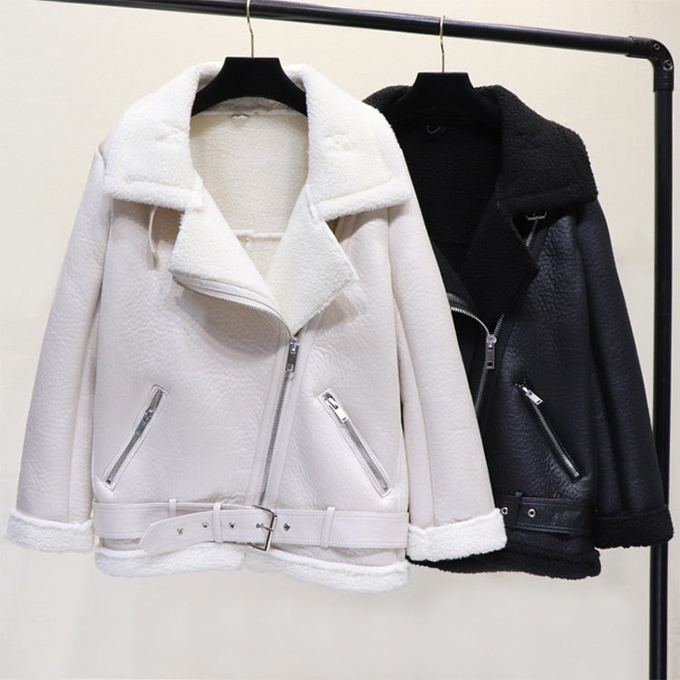 Cream and black faux lamb leather moto jackets with shearling collars and zip details