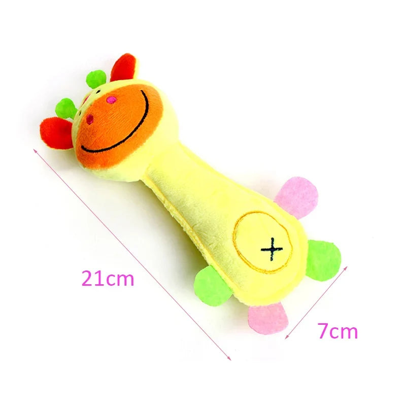 Dog squeaky plush toy, orange and yellow bug-shaped plush with face and plus patch