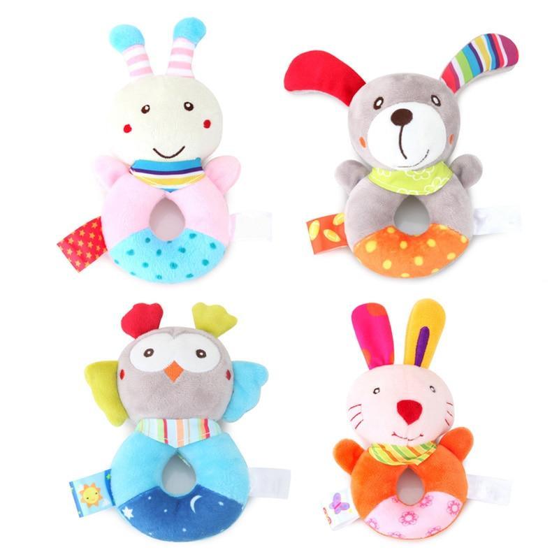 Cartoon plush baby rattle toys with bunny, panda, and rabbit character designs