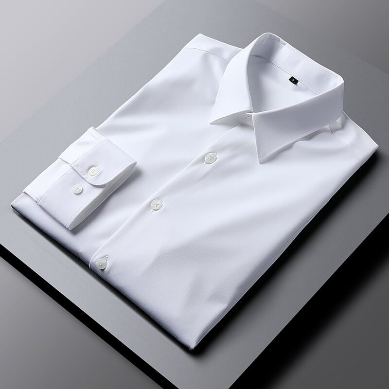 White cotton dress shirt with spread collar and button cuffs
