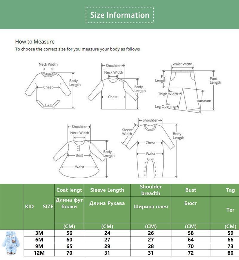 Kids size information chart with measurement guide in CM for hooded romper