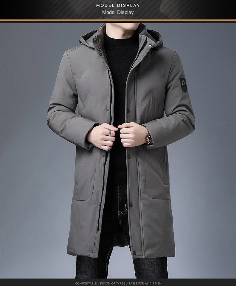 Men's longline parka windbreaker, khaki, hooded with zip front and flap pockets