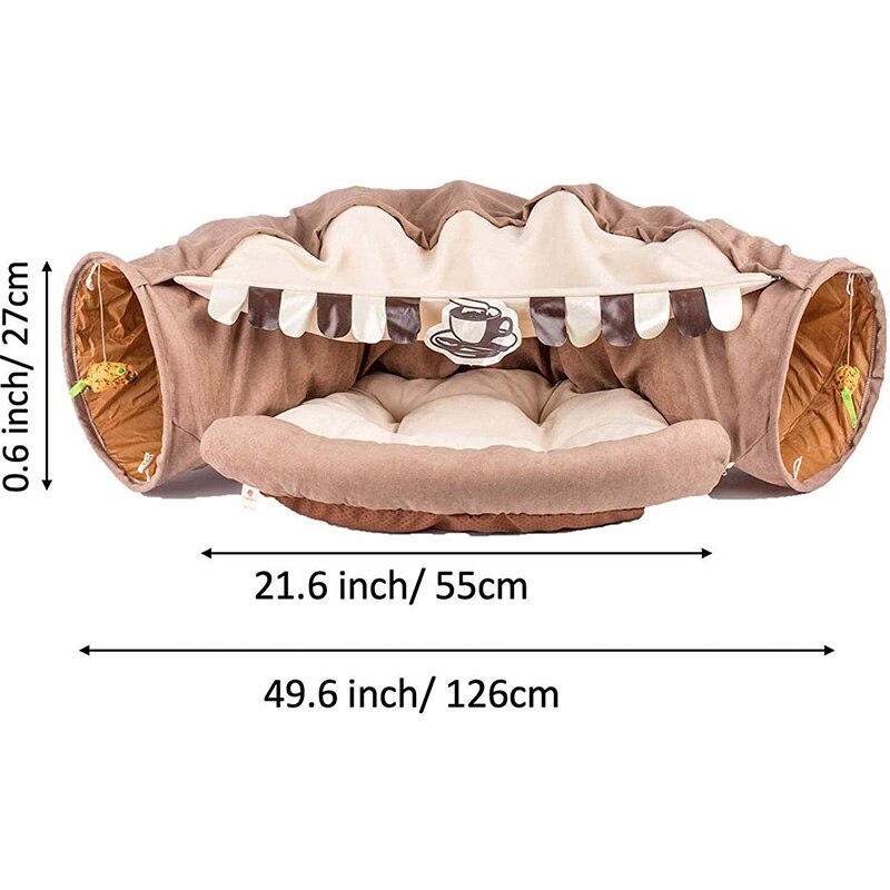 Brown cat tunnel tube with fabric side panels, striped canopy, and plush insert bed