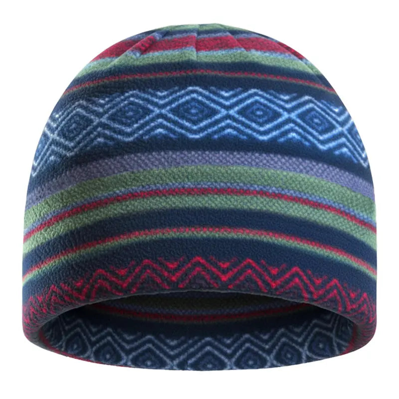 Fleece toque hat with colorful striped Aztec pattern on blue knit