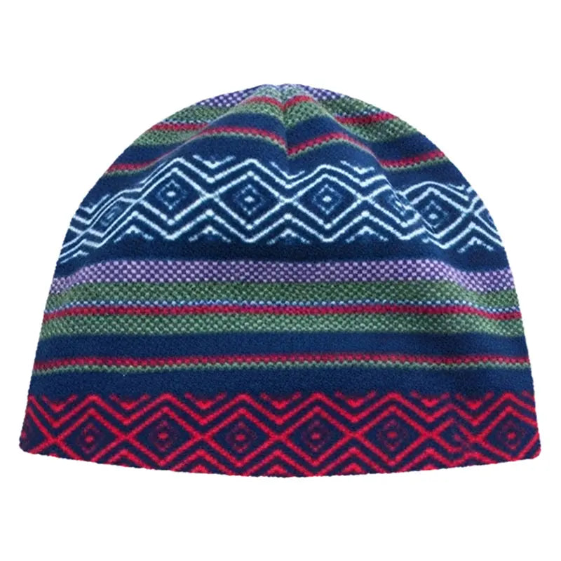 Fleece toque hat with multicolor Aztec stripes on blue base