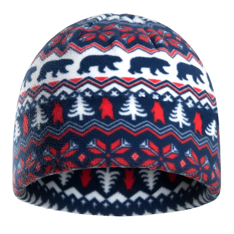 Fleece toque hat with winter animal, tree, and geometric pattern on navy