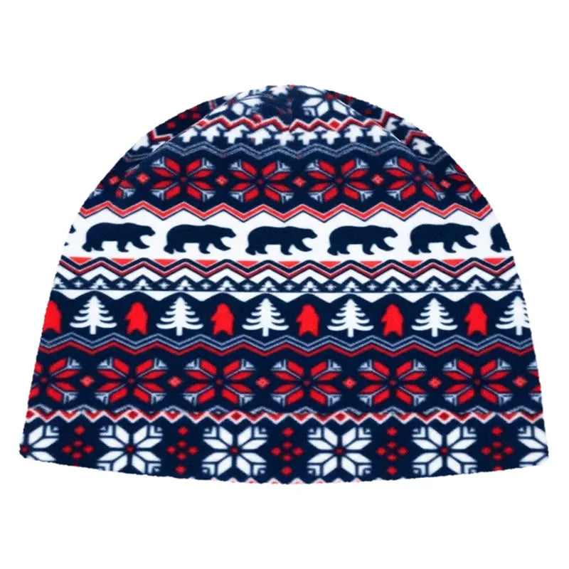 Fleece toque hat with navy, red, and white Nordic pattern and pine trees