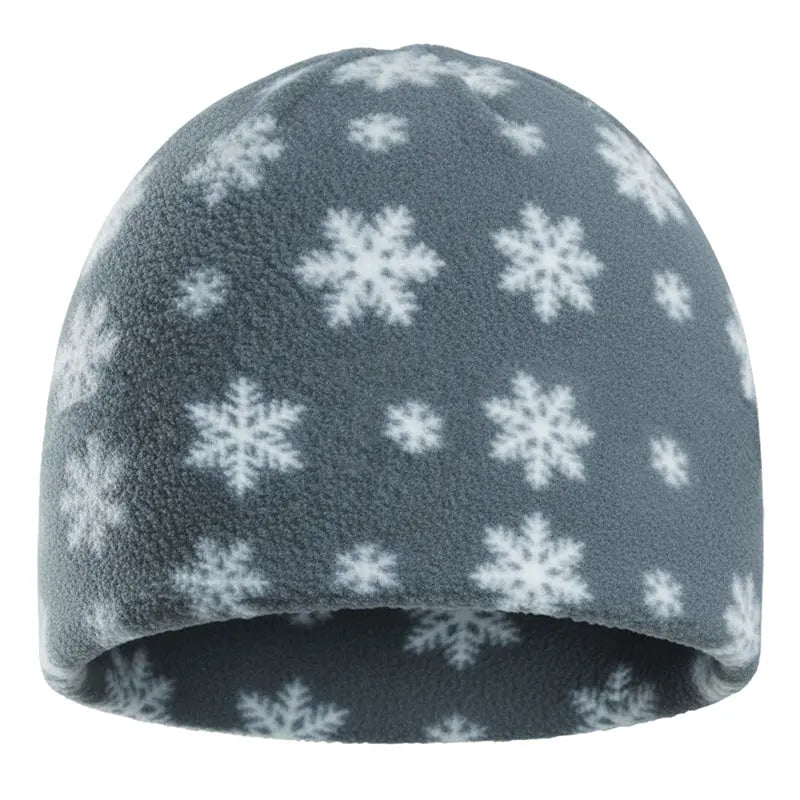 Unisex fleece toque hat, dark gray with white snowflake pattern and folded brim