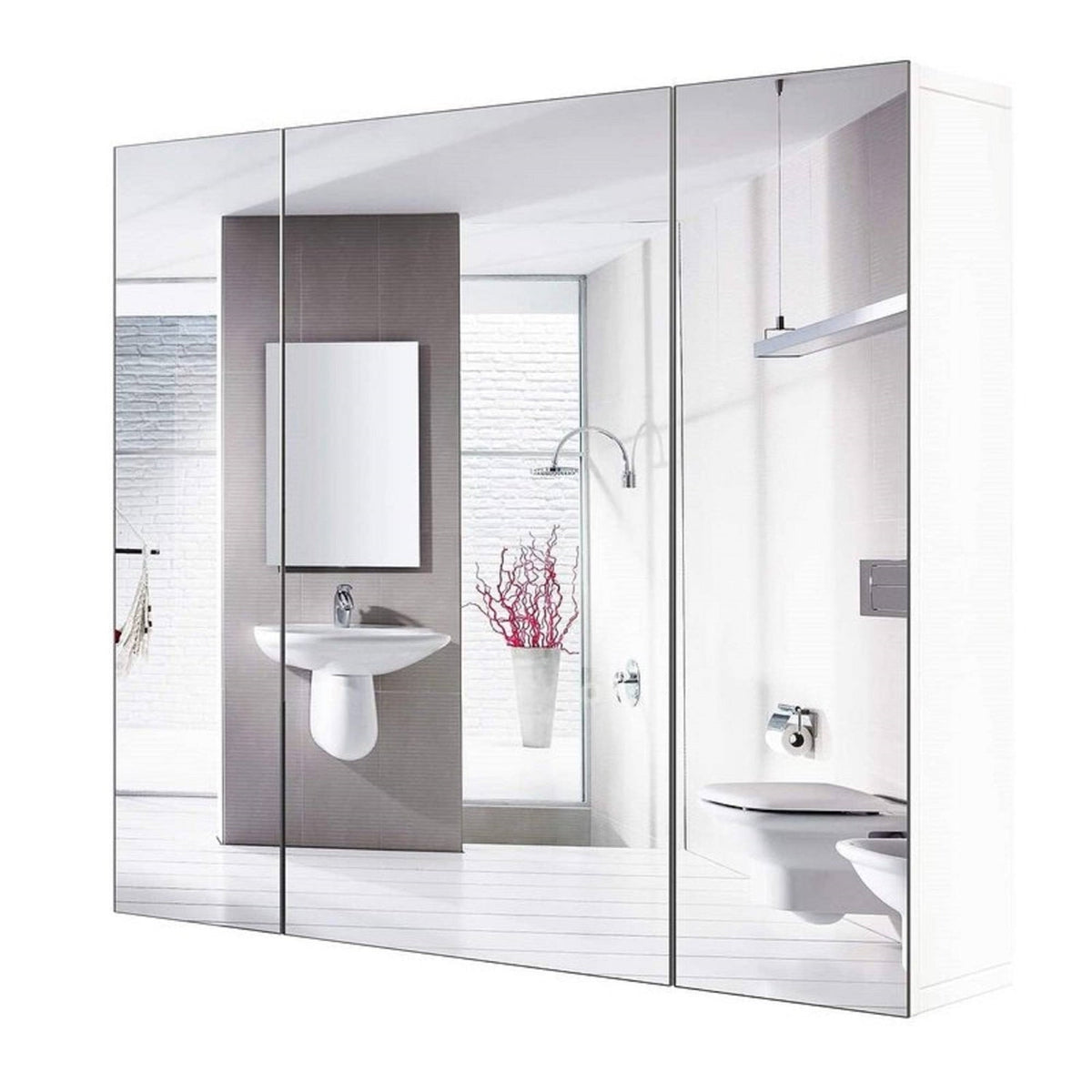 Wall-mounted medicine cabinet with three mirrored doors and open center compartment